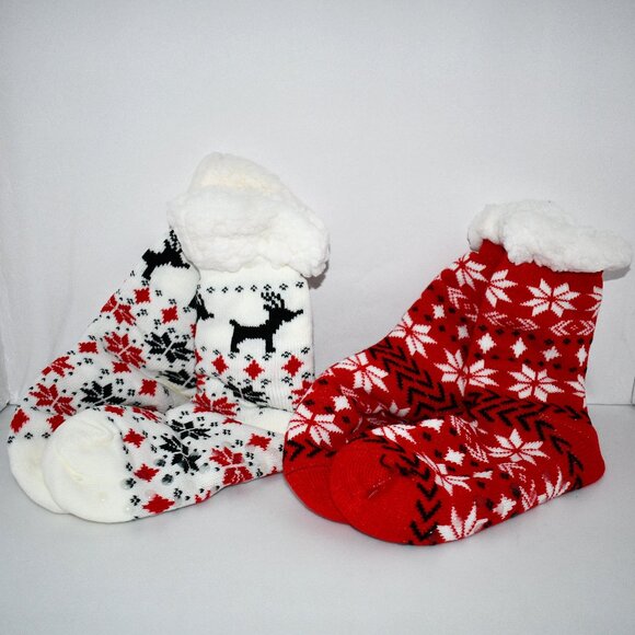 JOYIN 2 PCS Christmas Socks Fleece Soft Slipper Socks, Winter Thermal Crew Socks - Picture 1 of 3